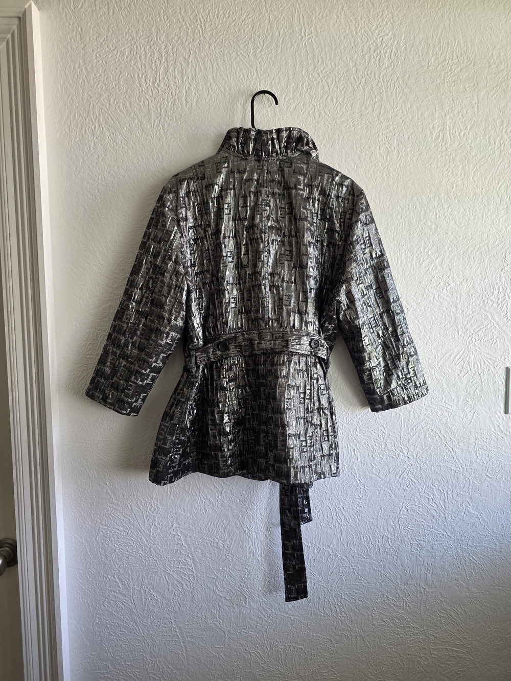 Ruby Rd. Black and Silver Metallic Ruffled Trench Coat - Picture 2 of 11